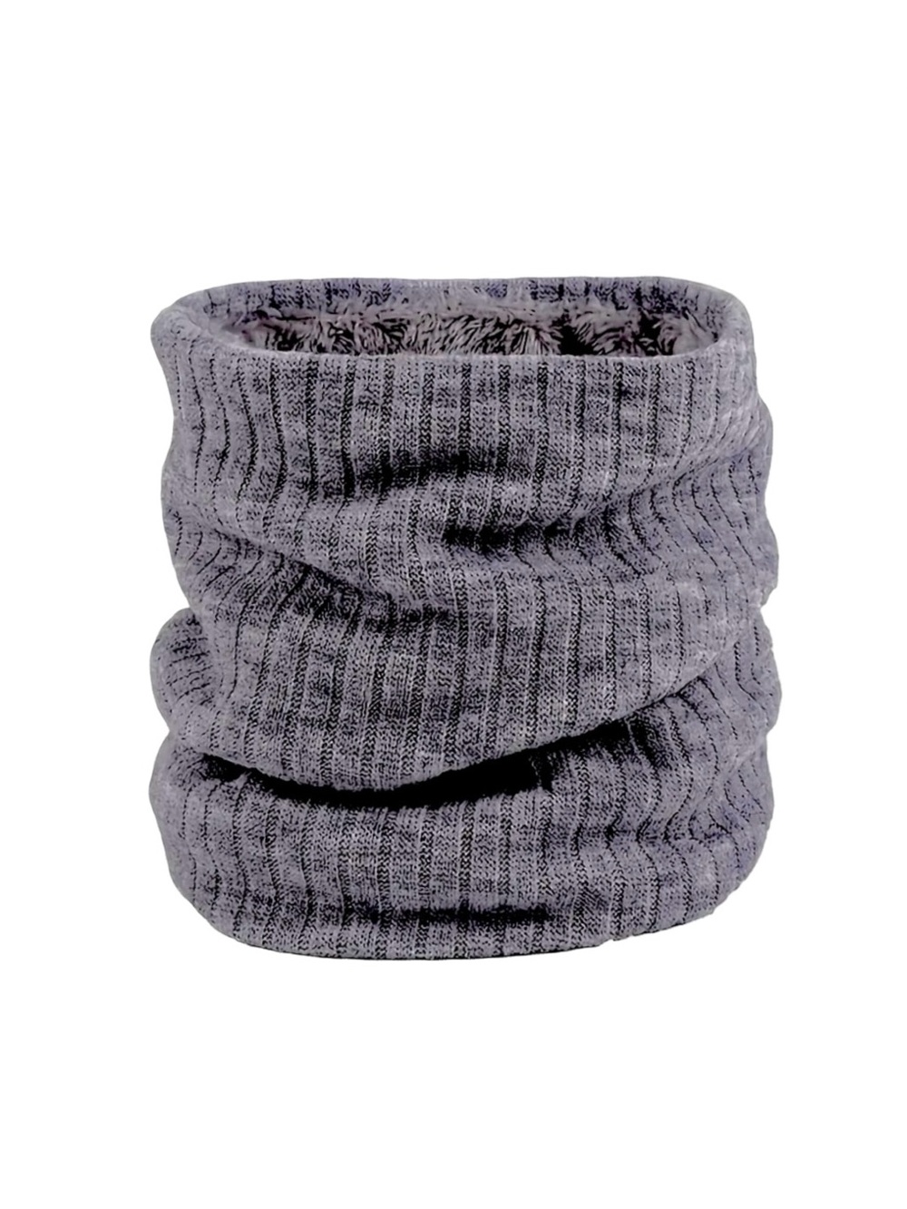 Gray Ribbed Knit Neck Warmer Scarf with Faux Fur Lining